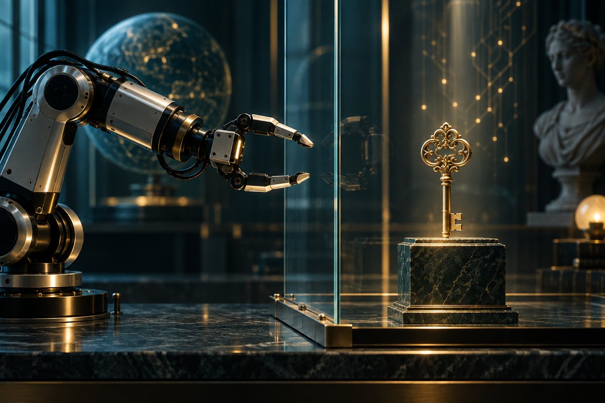 Robotic arm separated from a golden key by a glass partition