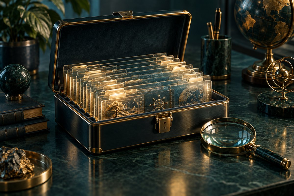 Open archive with ordered transparent records and a magnifying glass