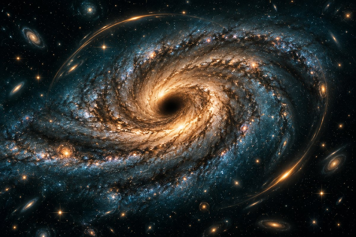 Artist illustration of a galaxy, dark centre and gravitational lensing arcs