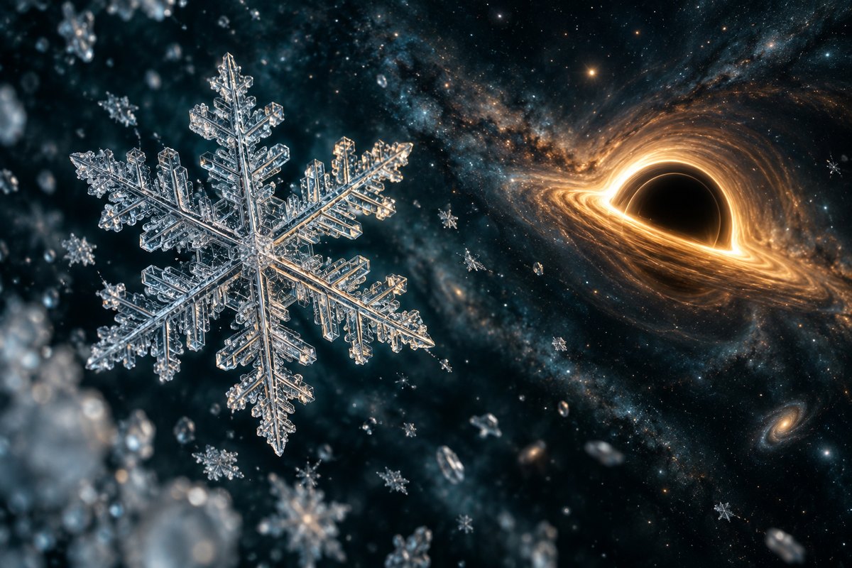 Six-armed snowflake and the luminous ring of a black hole in a cosmic illustration