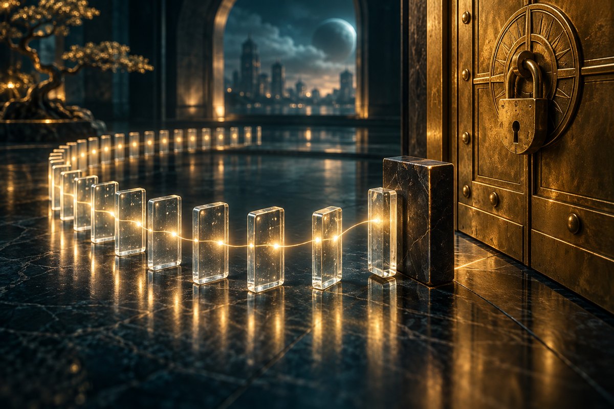 Chain of glass blocks ending before a locked gate